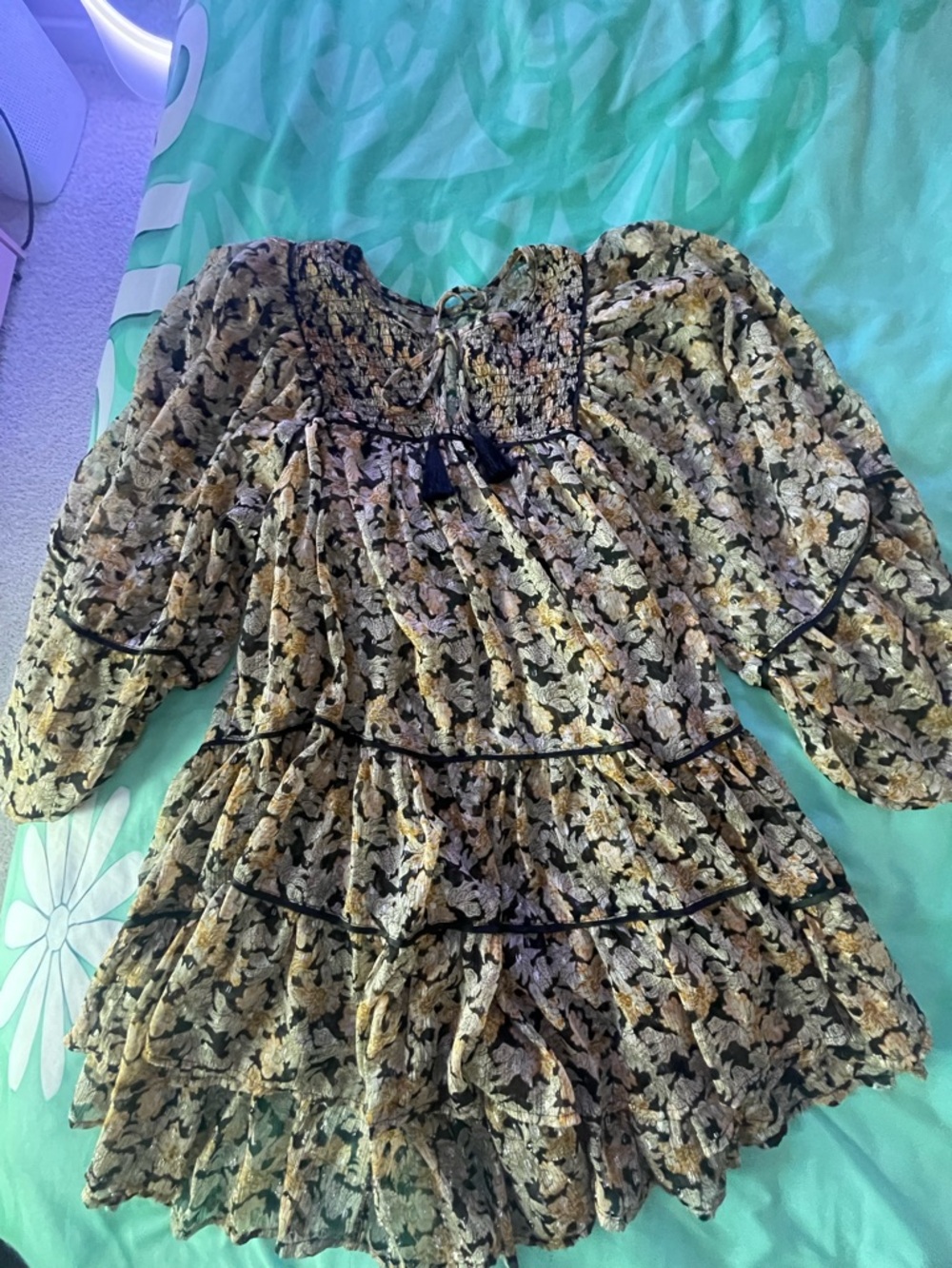 Boho Floral Tiered Dress with Smocked Yoke - Black & Gold Floral